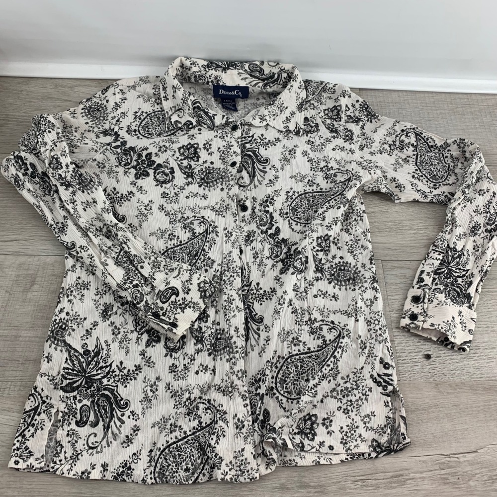 Denim & Co Womens L Black White Paisley Floral Crinkle Cotton Button Up Shirt